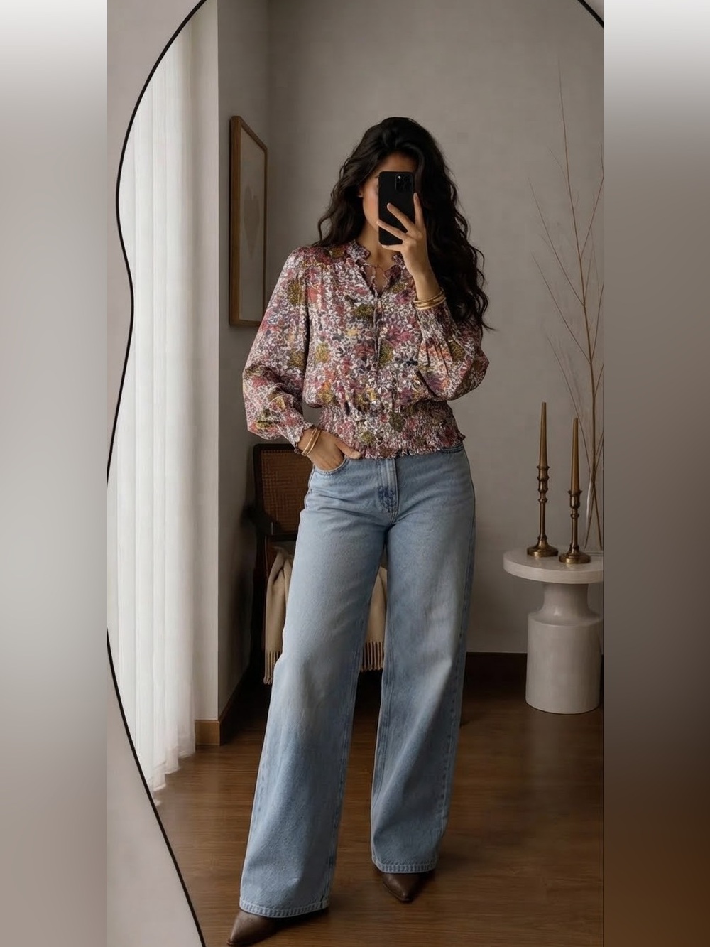 Rachel Roy Floral Sheer Blouse Clip-Dot Texture Long Sleeve Pink Sz Medium Boho